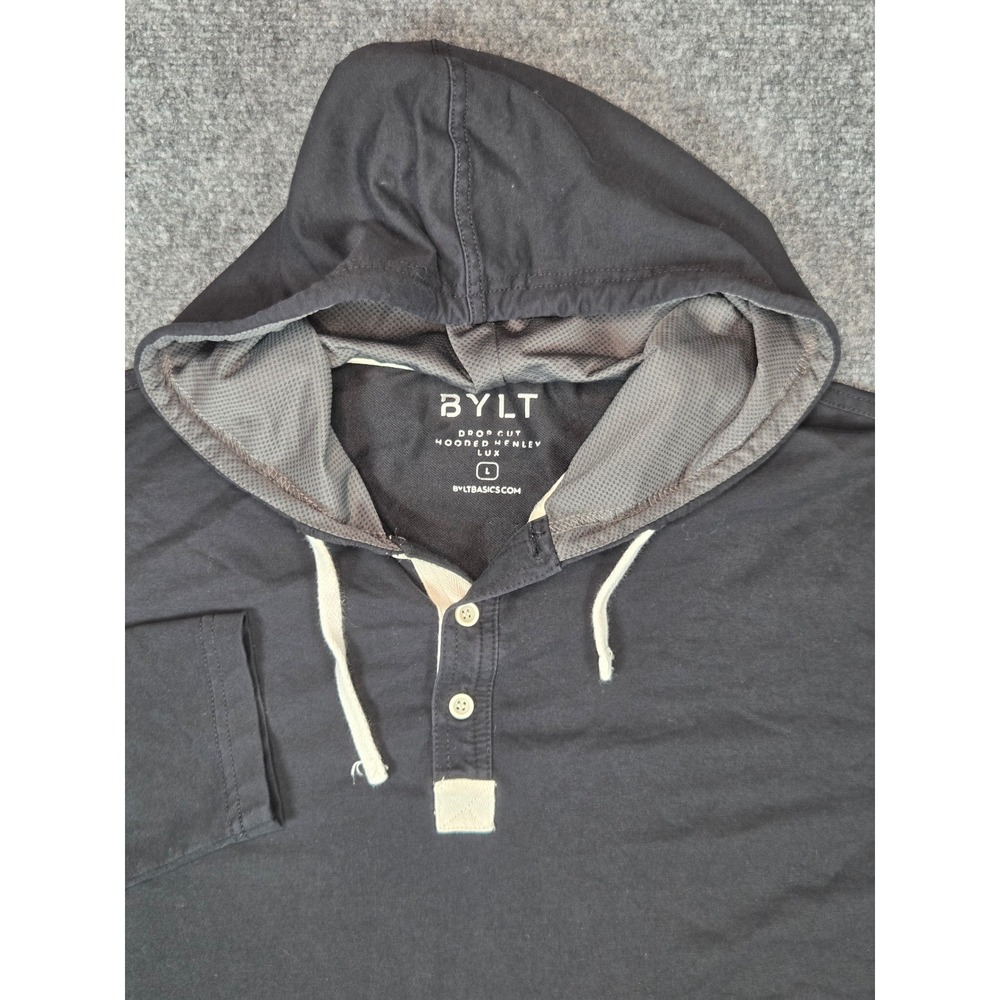 BYLT Drop Cut Hooded Henley Lux Mens Large Black Long Sleeve Curved Hem Hoodie